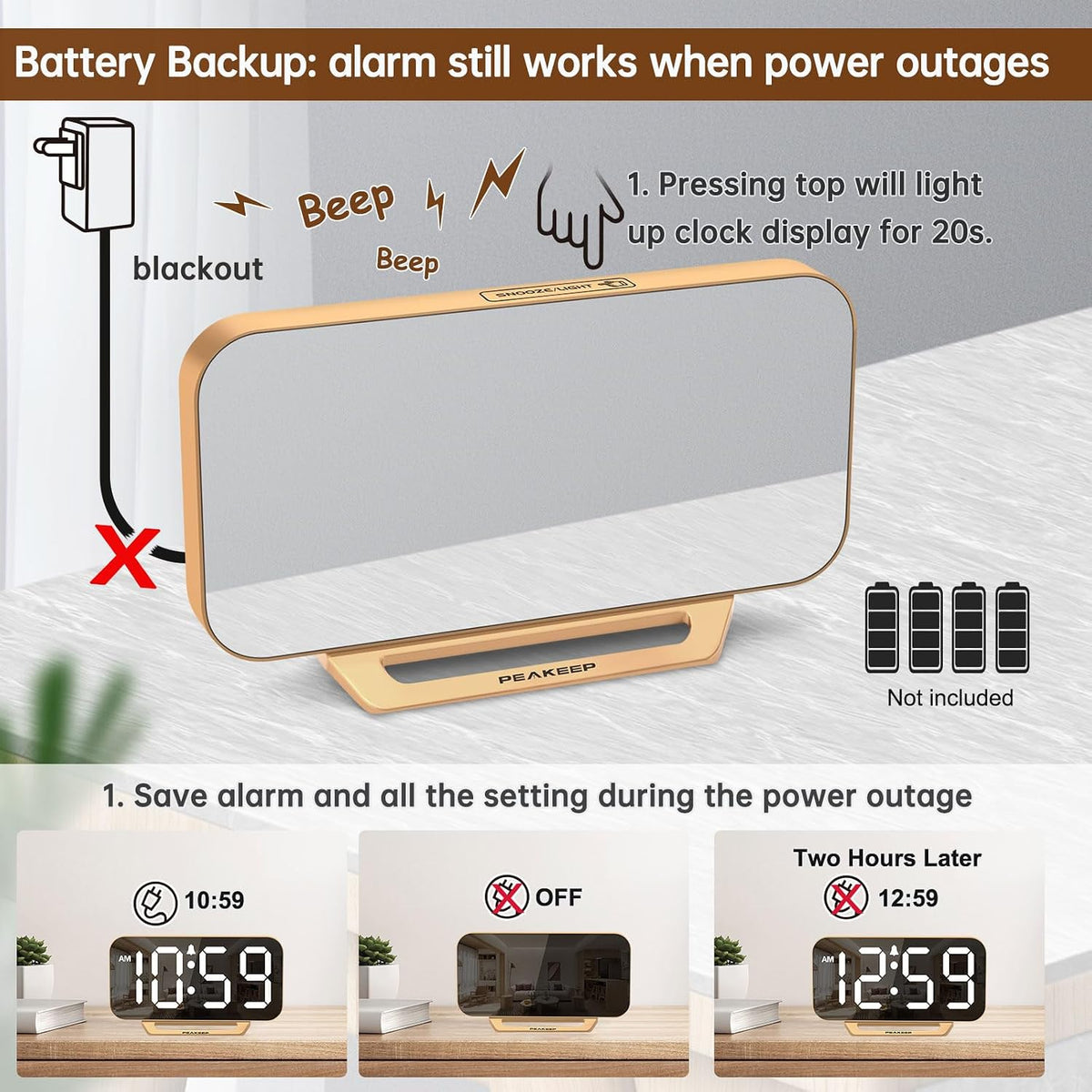 Slim Digital Mirror Aesthetic Alarm Clock for Bedrooms Desk Decor