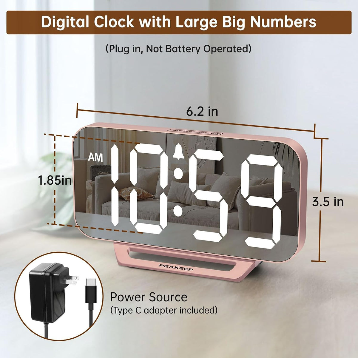 Slim Digital Mirror Aesthetic Alarm Clock for Bedrooms Desk Decor