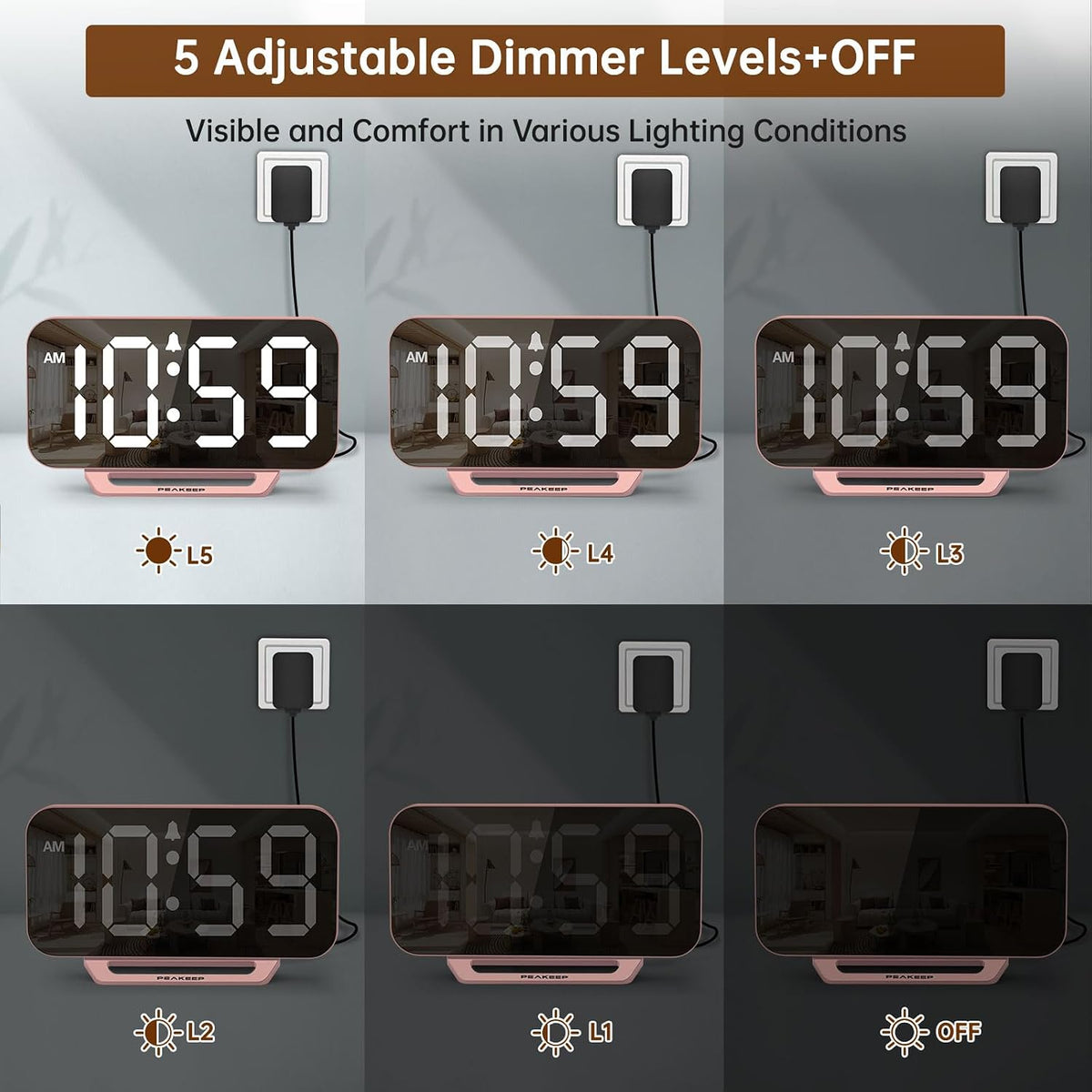 Slim Digital Mirror Aesthetic Alarm Clock for Bedrooms Desk Decor