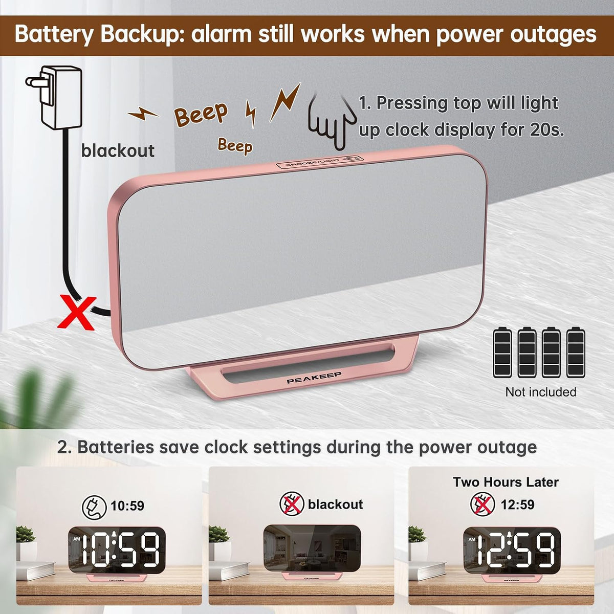 Slim Digital Mirror Aesthetic Alarm Clock for Bedrooms Desk Decor