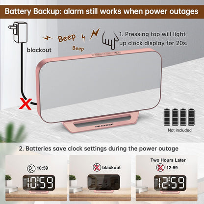 Slim Digital Mirror Aesthetic Alarm Clock for Bedrooms Desk Decor
