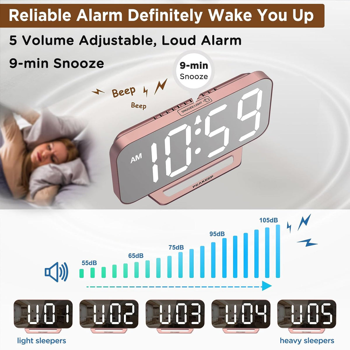 Slim Digital Mirror Aesthetic Alarm Clock for Bedrooms Desk Decor