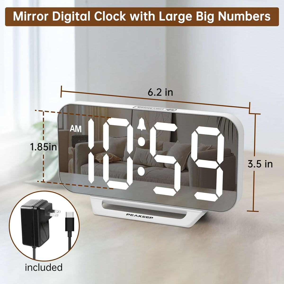 Slim Digital Mirror Aesthetic Alarm Clock for Bedrooms Desk Decor
