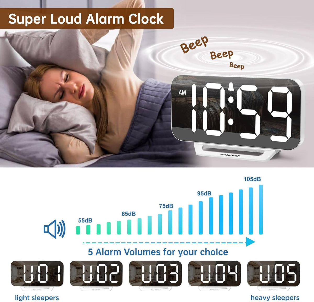 Slim Digital Mirror Aesthetic Alarm Clock for Bedrooms Desk Decor