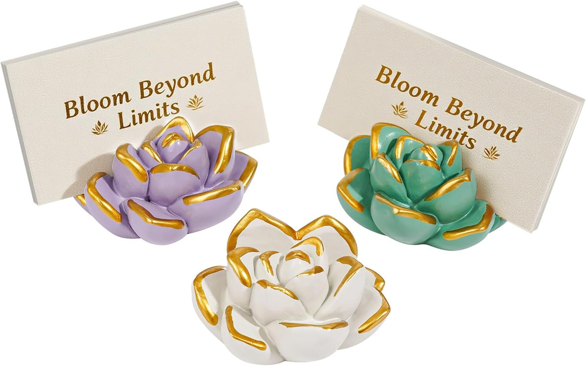 Resin Succulent Business Card Holder Set of 3 (White/Purple/Green) - Modern Desk Organizer for Office & Store, Vertical Name Card Display Stand - Unique Gift Idea & Home Decor