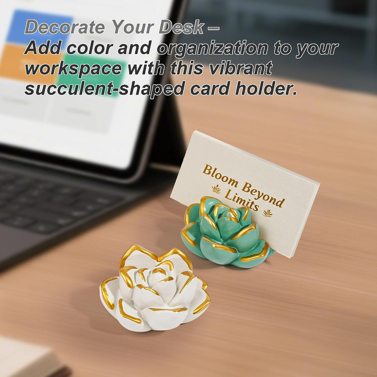 Resin Succulent Business Card Holder Set of 3 (White/Purple/Green) - Modern Desk Organizer for Office & Store, Vertical Name Card Display Stand - Unique Gift Idea & Home Decor
