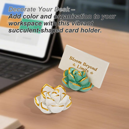 Resin Succulent Business Card Holder Set of 3 (White/Purple/Green) - Modern Desk Organizer for Office & Store, Vertical Name Card Display Stand - Unique Gift Idea & Home Decor