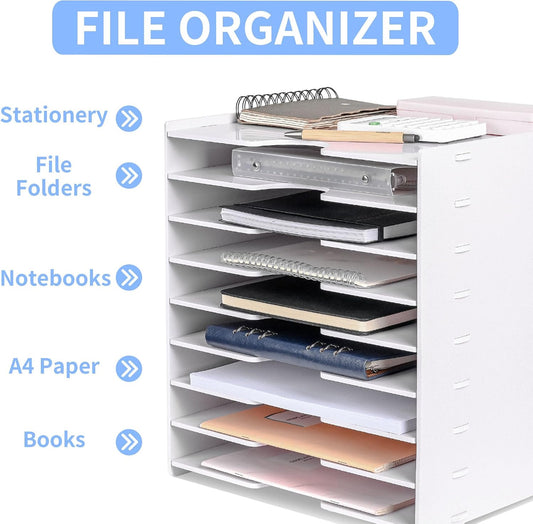 Paper Organizer Storage for Desk, 9 Tier Construction File Organizer Paper Sorter, Desktop Document Storage Holder for Home Office School, 14 1/8" x 10 1/4" x 15 3/8", White