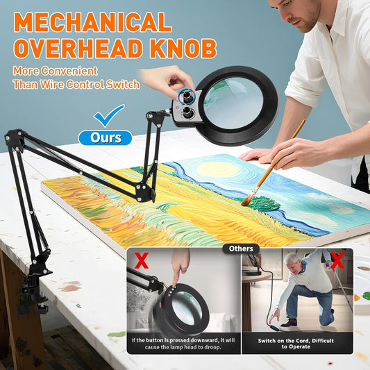 12X Magnifying Glass with Light and Stand, Extra-Long Arm Knob