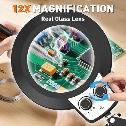12X Magnifying Glass with Light and Stand, Extra-Long Arm Knob