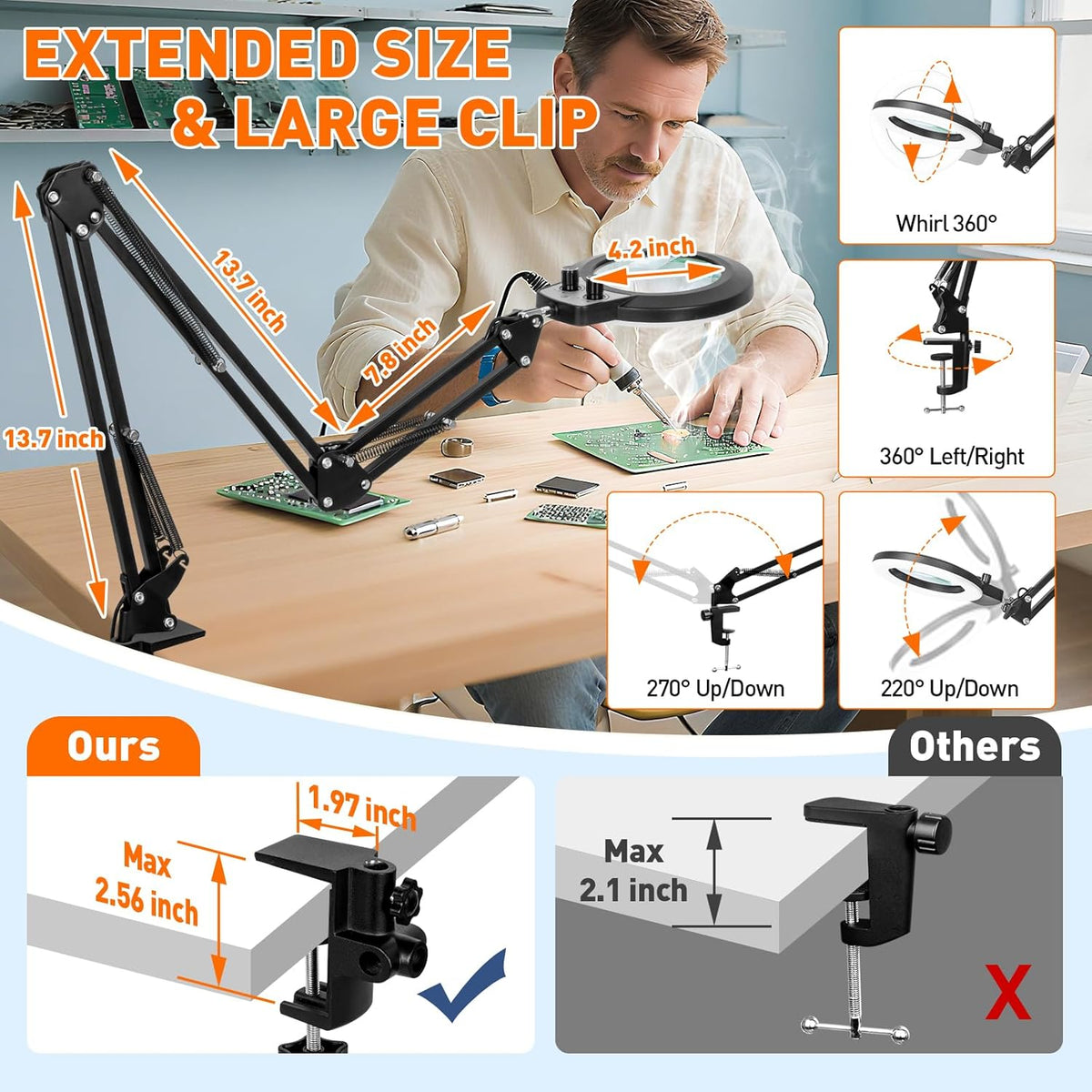 12X Magnifying Glass with Light and Stand, Extra-Long Arm Knob