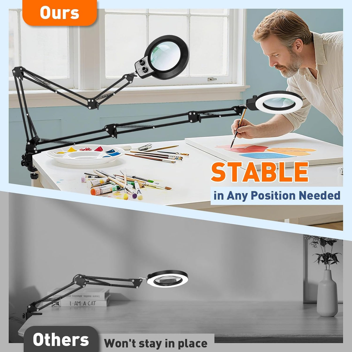 12X Magnifying Glass with Light and Stand, Extra-Long Arm Knob