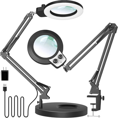 12X Magnifying Glass with Light and Stand, Extra-Long Arm Knob