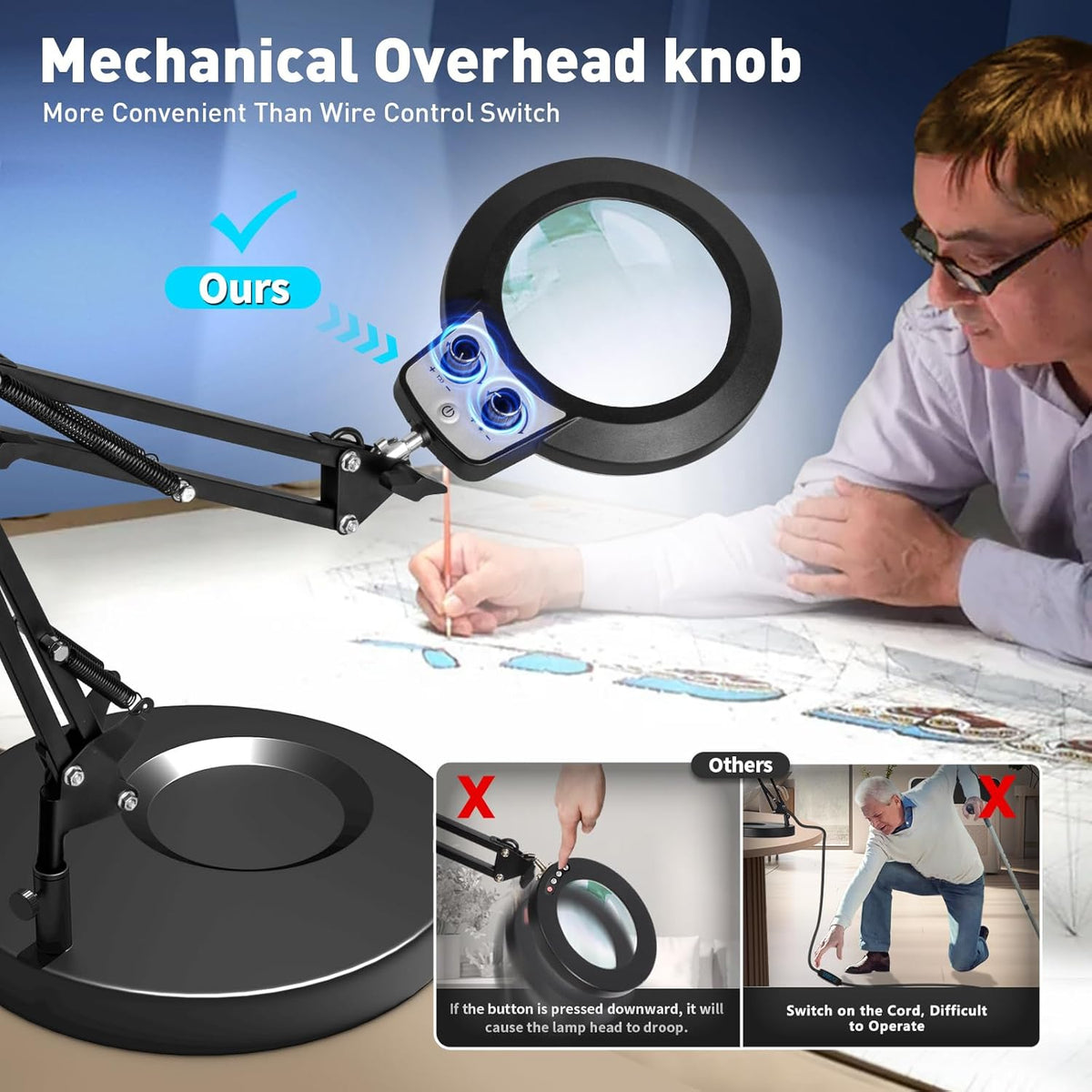 12X Magnifying Glass with Light and Stand, Extra-Long Arm Knob