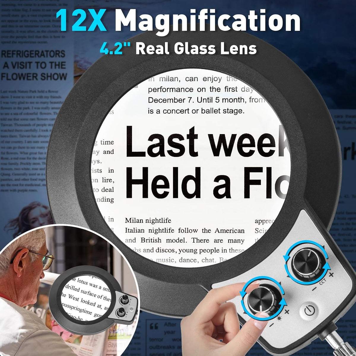 12X Magnifying Glass with Light and Stand, Extra-Long Arm Knob