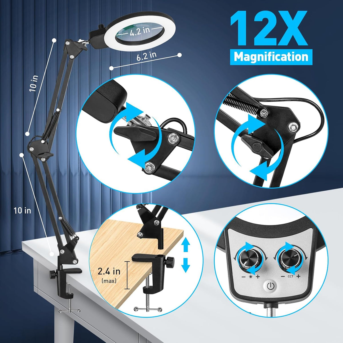 12X Magnifying Glass with Light and Stand, Extra-Long Arm Knob
