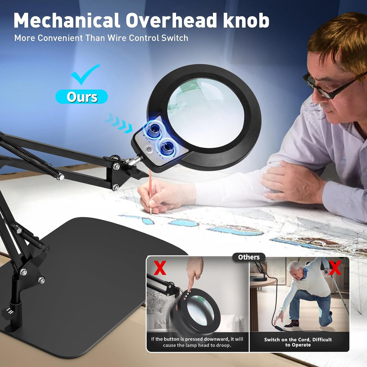 12X Magnifying Glass with Light and Stand, Extra-Long Arm Knob