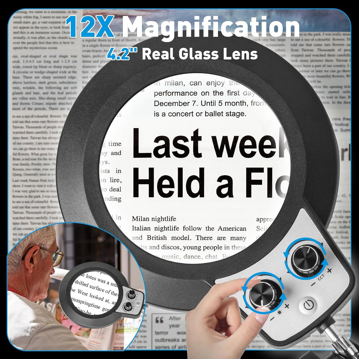 12X Magnifying Glass with Light and Stand, Extra-Long Arm Knob