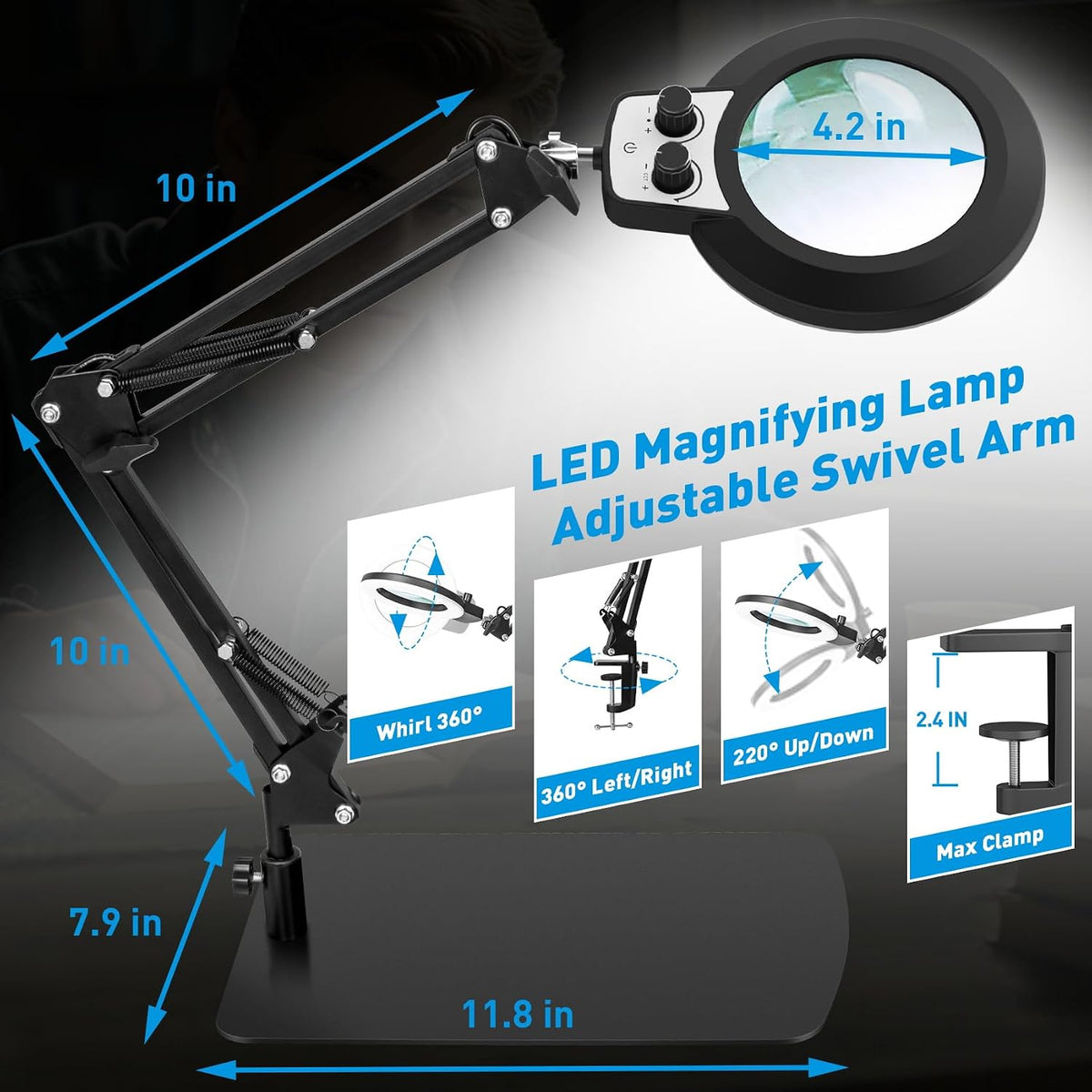 12X Magnifying Glass with Light and Stand, Extra-Long Arm Knob