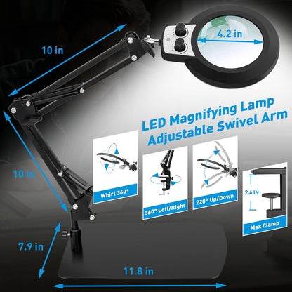12X Magnifying Glass with Light and Stand, Extra-Long Arm Knob