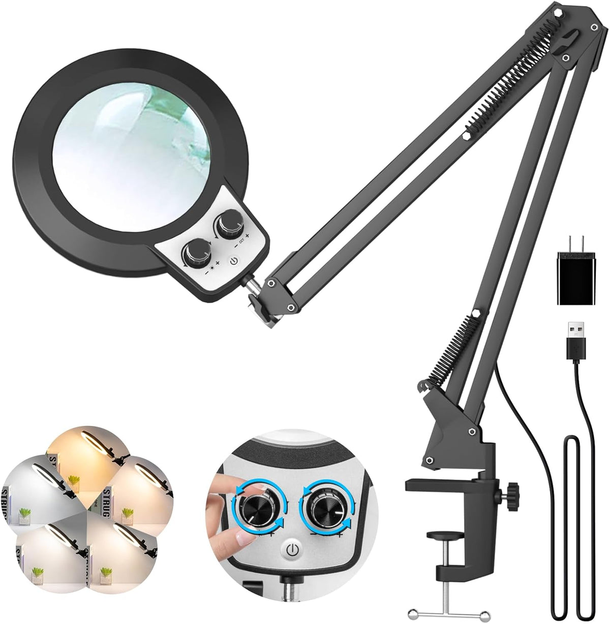 12X Magnifying Glass with Light and Stand, Extra-Long Arm Knob
