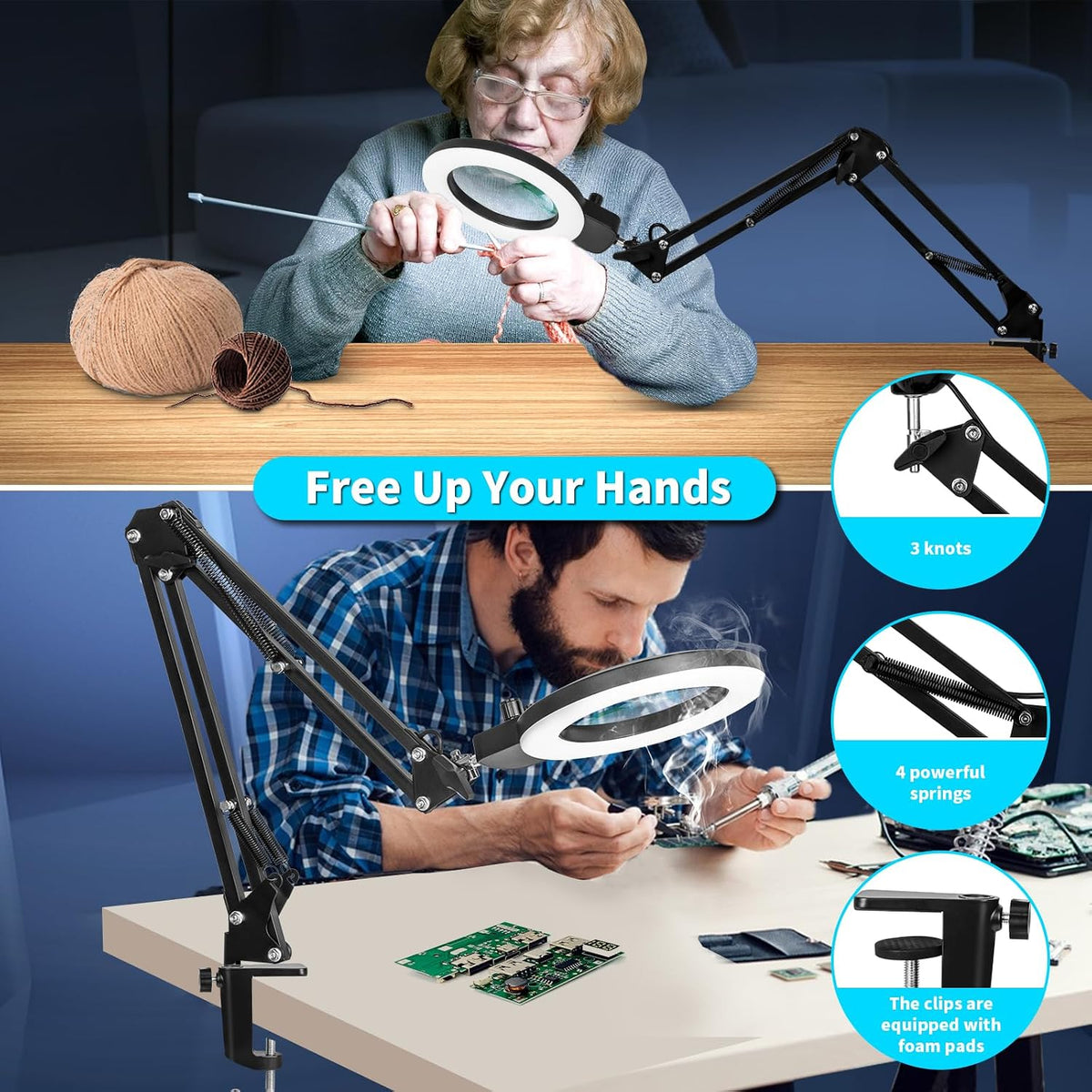 12X Magnifying Glass with Light and Stand, Extra-Long Arm Knob