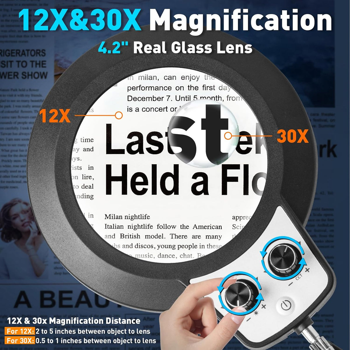12X Magnifying Glass with Light and Stand, Extra-Long Arm Knob