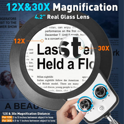 12X Magnifying Glass with Light and Stand, Extra-Long Arm Knob