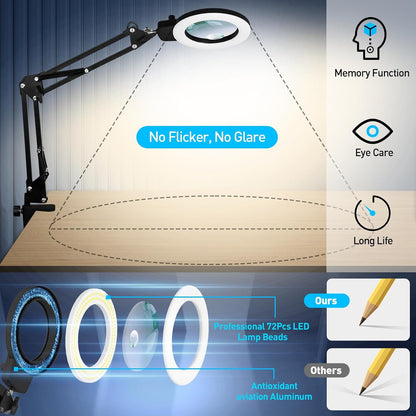 12X Magnifying Glass with Light and Stand, Extra-Long Arm Knob