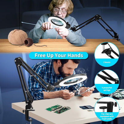 12X Magnifying Glass with Light and Stand, Extra-Long Arm Knob