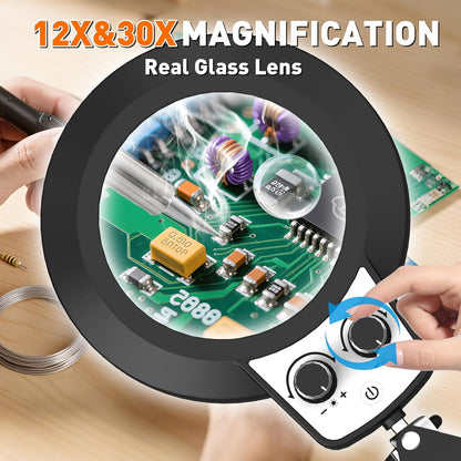 12X Magnifying Glass with Light and Stand, Extra-Long Arm Knob