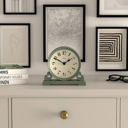 ® Saloon Mantel Clock | Small Traditional Double Scroll Design | Green | Contemporary Classic Style for Desk, Table, Shelf or Bedside