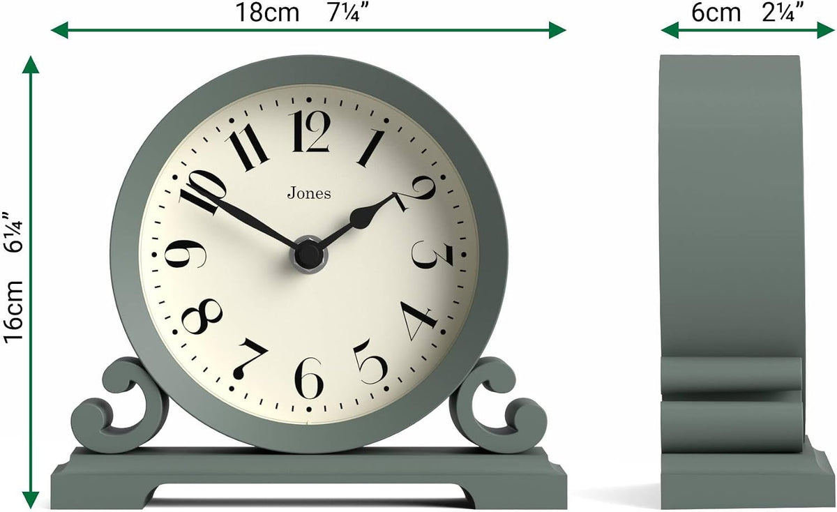 ® Saloon Mantel Clock | Small Traditional Double Scroll Design | Green | Contemporary Classic Style for Desk, Table, Shelf or Bedside
