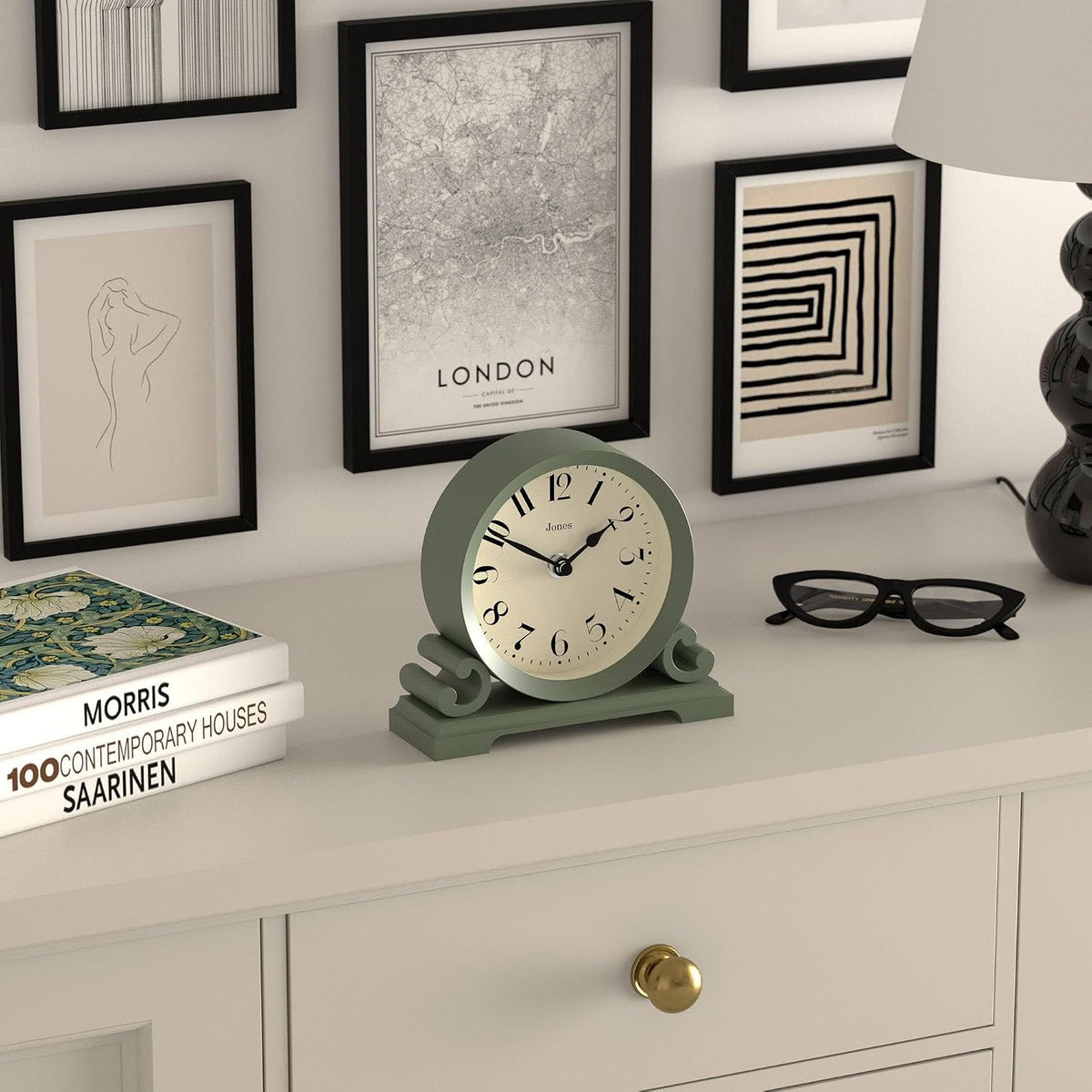 ® Saloon Mantel Clock | Small Traditional Double Scroll Design | Green | Contemporary Classic Style for Desk, Table, Shelf or Bedside
