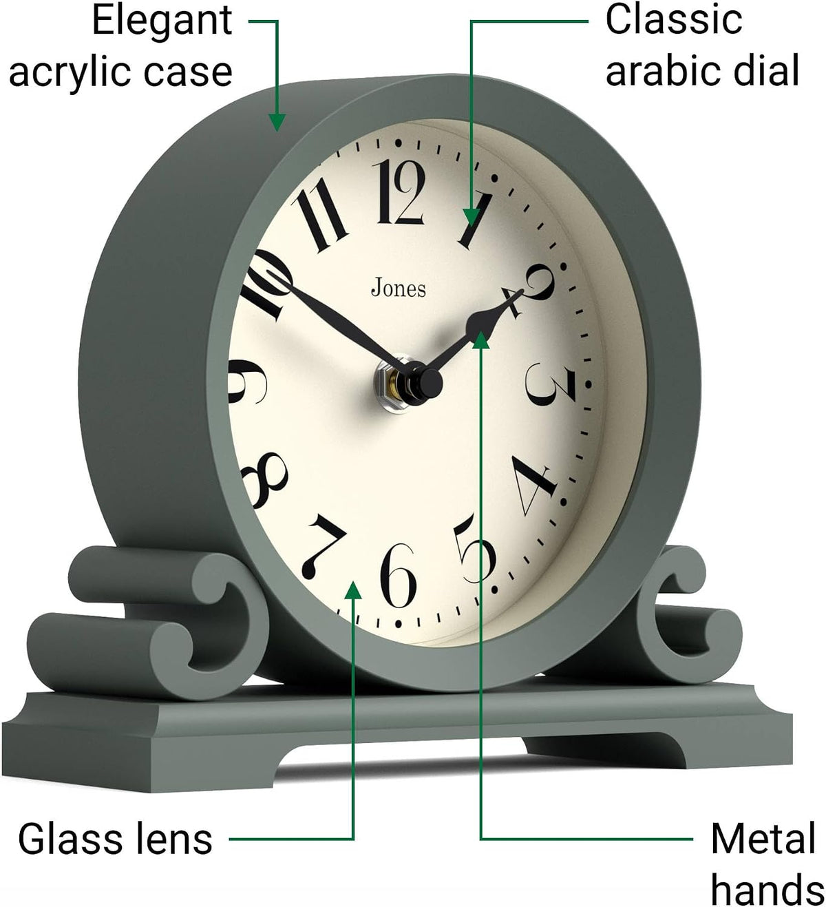 ® Saloon Mantel Clock | Small Traditional Double Scroll Design | Green | Contemporary Classic Style for Desk, Table, Shelf or Bedside
