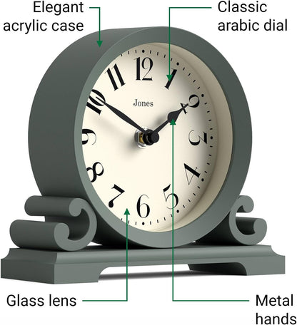 ® Saloon Mantel Clock | Small Traditional Double Scroll Design | Green | Contemporary Classic Style for Desk, Table, Shelf or Bedside