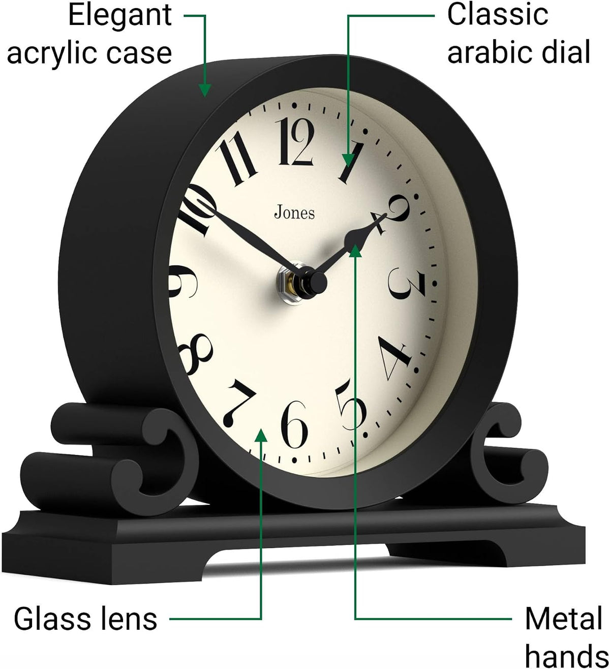 ® Saloon Mantel Clock | Small Traditional Double Scroll Design | Green | Contemporary Classic Style for Desk, Table, Shelf or Bedside