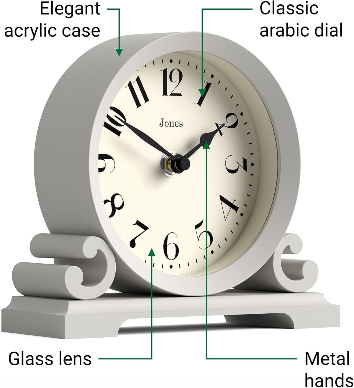 ® Saloon Mantel Clock | Small Traditional Double Scroll Design | Green | Contemporary Classic Style for Desk, Table, Shelf or Bedside