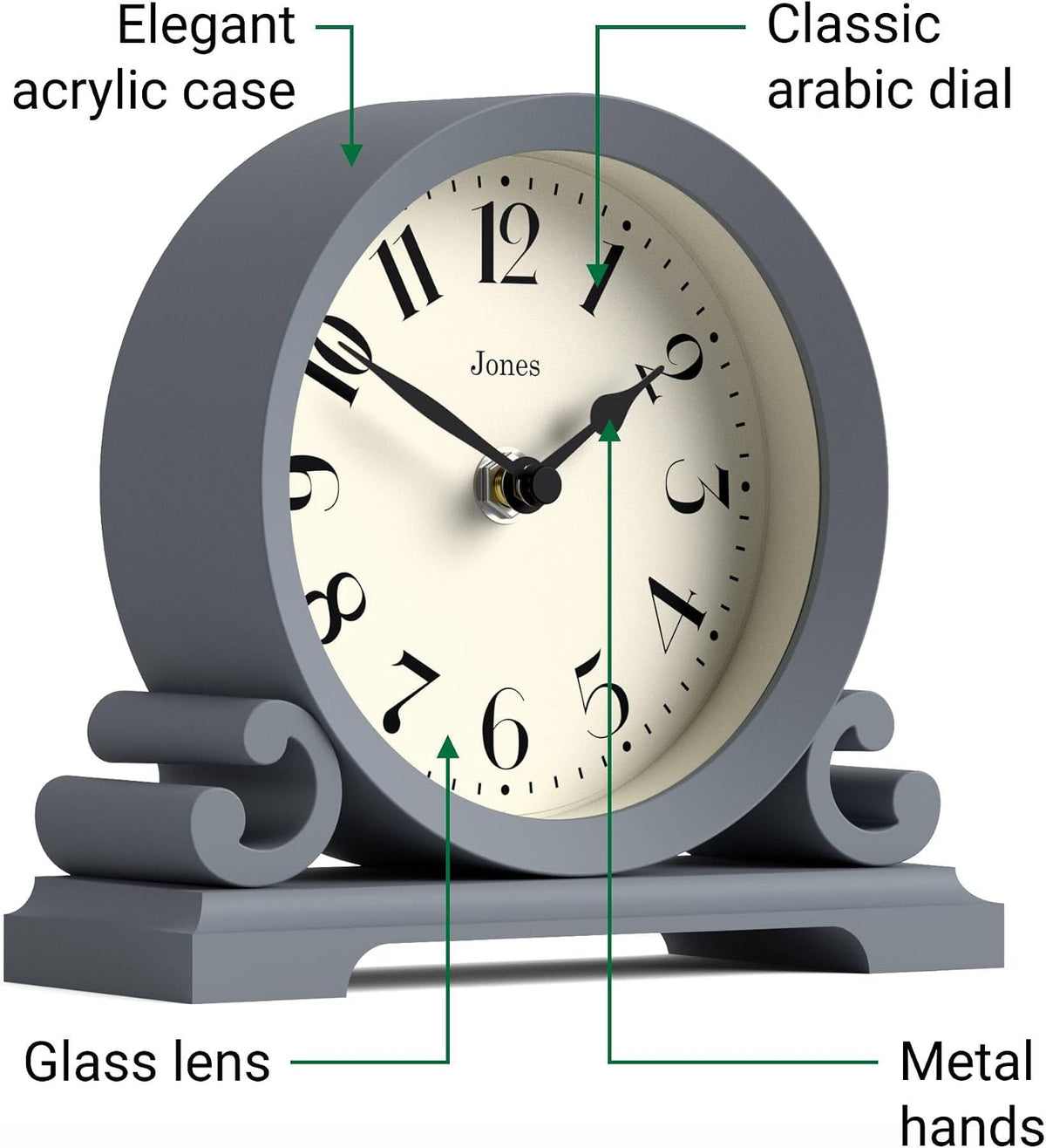 ® Saloon Mantel Clock | Small Traditional Double Scroll Design | Green | Contemporary Classic Style for Desk, Table, Shelf or Bedside