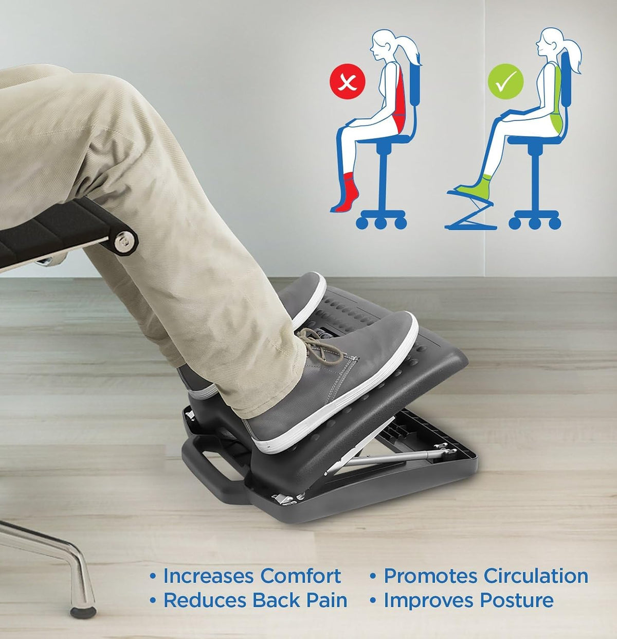 ! Under Desk Footrest Adjustable Height & Tilt Foot Rest Under Desk (3"–15") with Massage Rollers, Large Non Slip Ergonomic Office Foot Stool for Home Office & Workstation