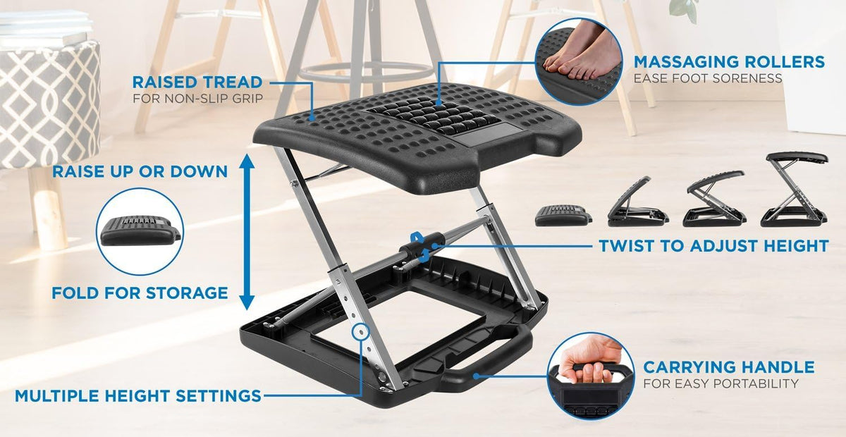 ! Under Desk Footrest Adjustable Height & Tilt Foot Rest Under Desk (3"–15") with Massage Rollers, Large Non Slip Ergonomic Office Foot Stool for Home Office & Workstation