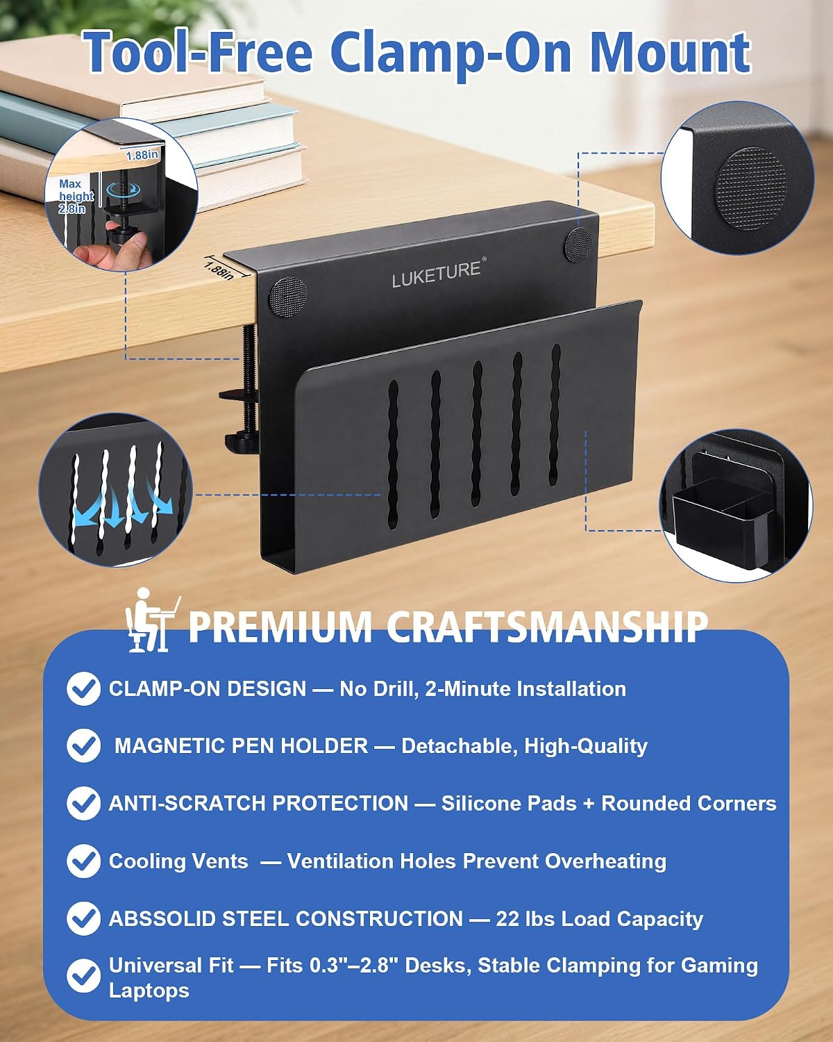 Desk Side Storage Laptop Holder No Drill Clamp On Organizer