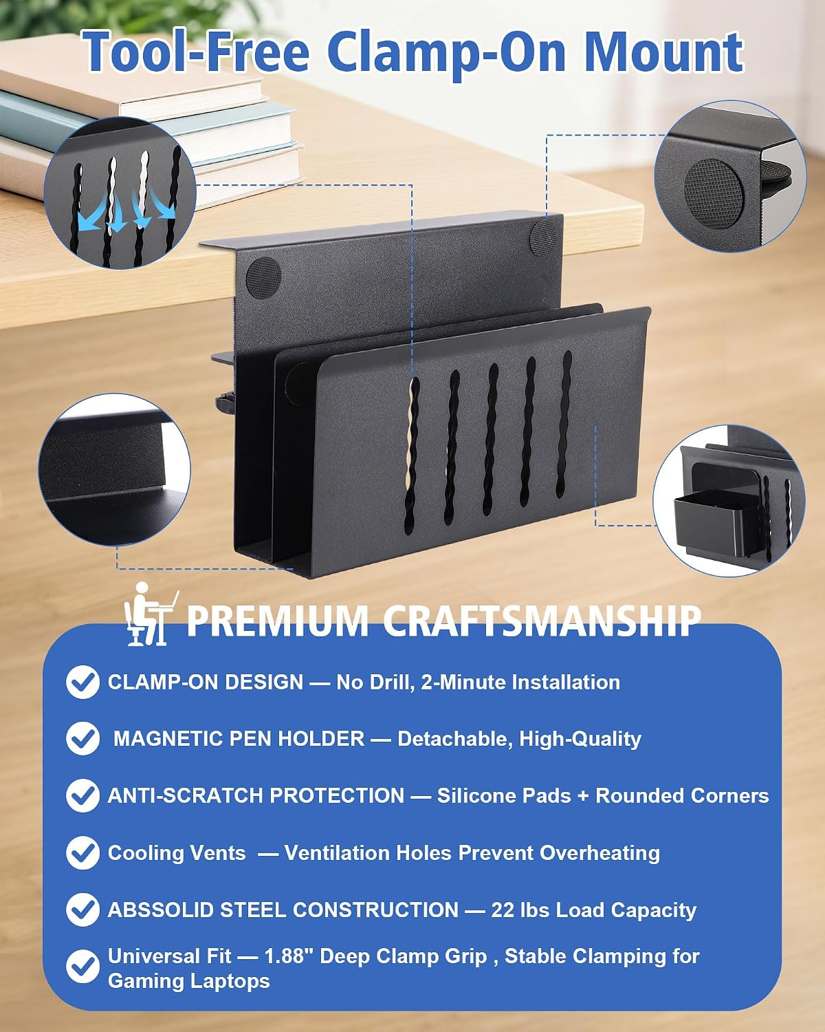 Desk Side Storage Laptop Holder No Drill Clamp On Organizer