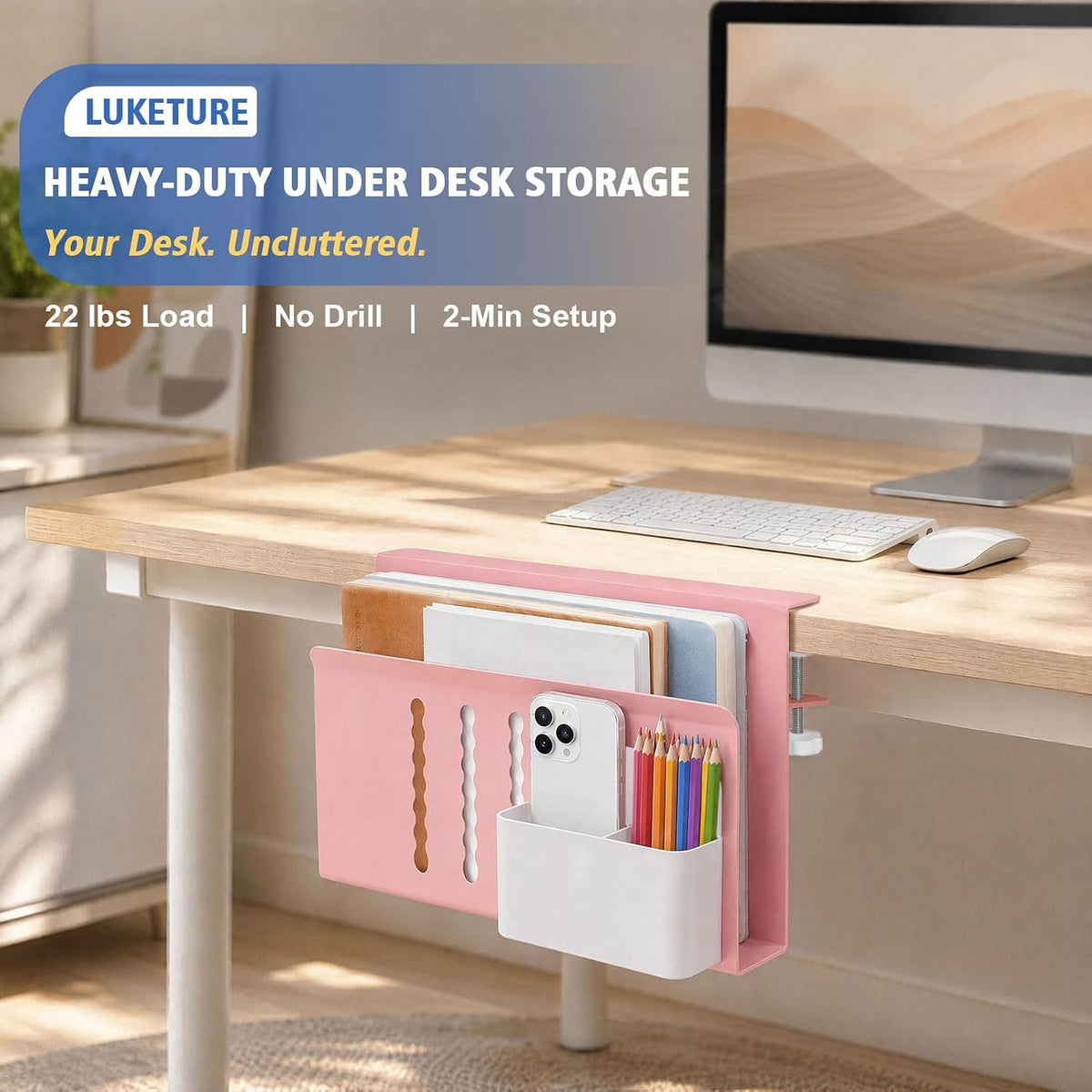 Desk Side Storage Laptop Holder No Drill Clamp On Organizer