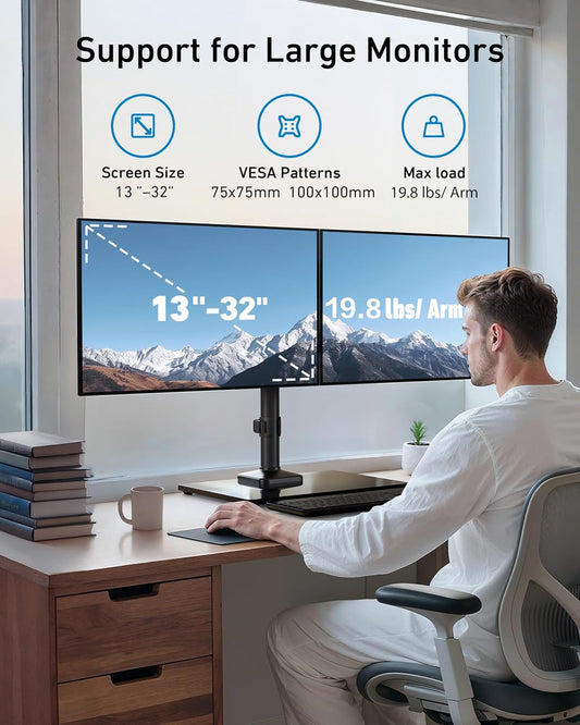 Freestanding Dual Monitor Stand, 32 Inch Dual Monitor Mount for 2 Screens, Holds up to 19.8 lbs per Arm, Gaming Monitor Arm Riser with Tempered-Glass Base, Tilt, Swivel, Rotation, Black