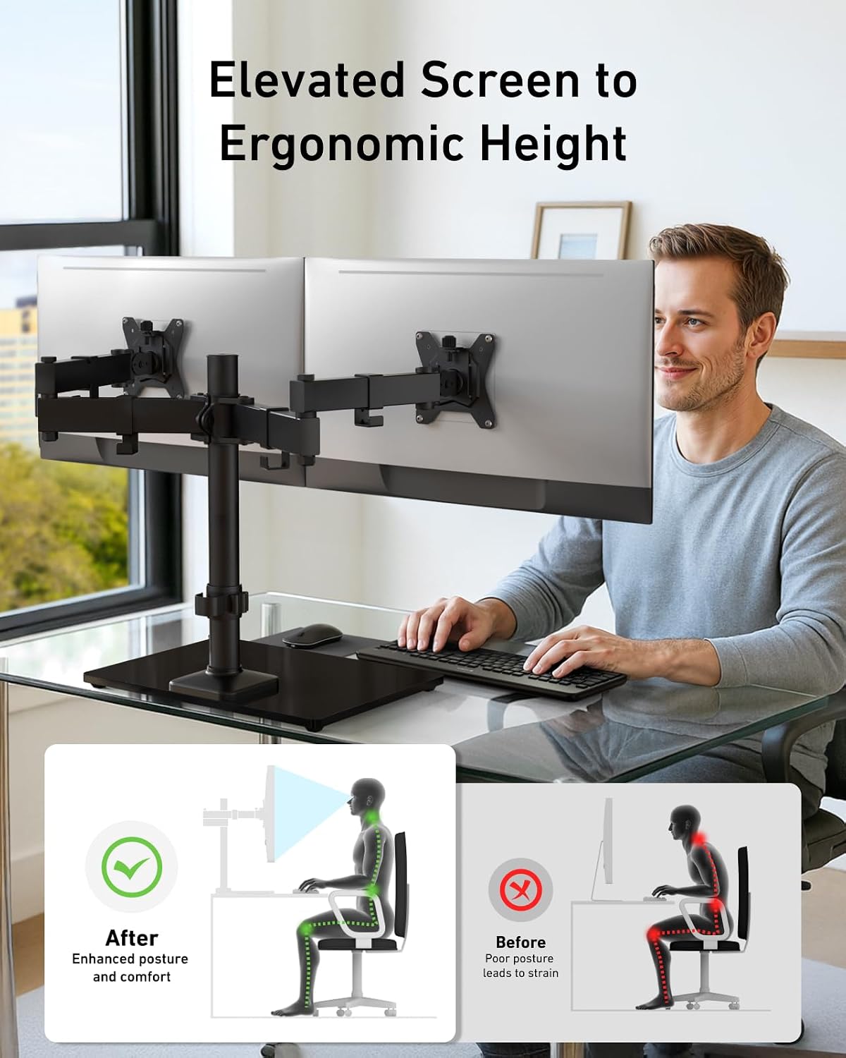 Freestanding Dual Monitor Stand, 32 Inch Dual Monitor Mount for 2 Screens, Holds up to 19.8 lbs per Arm, Gaming Monitor Arm Riser with Tempered-Glass Base, Tilt, Swivel, Rotation, Black
