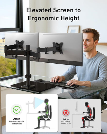 Freestanding Dual Monitor Stand, 32 Inch Dual Monitor Mount for 2 Screens, Holds up to 19.8 lbs per Arm, Gaming Monitor Arm Riser with Tempered-Glass Base, Tilt, Swivel, Rotation, Black