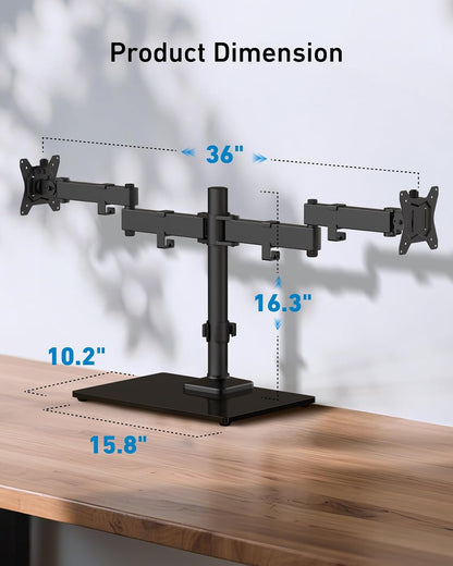 Freestanding Dual Monitor Stand, 32 Inch Dual Monitor Mount for 2 Screens, Holds up to 19.8 lbs per Arm, Gaming Monitor Arm Riser with Tempered-Glass Base, Tilt, Swivel, Rotation, Black