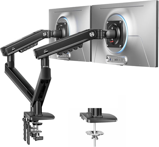 FlowLift Pro Dual Monitor Mount for 13–27" Screens, MechaSpring Monitor Stand, Adjustable Monitor Arms for 2 Monitors with Tilt/Swivel/Rotation, Tool-Free VESA Mount, Max Load 15.4 lbs