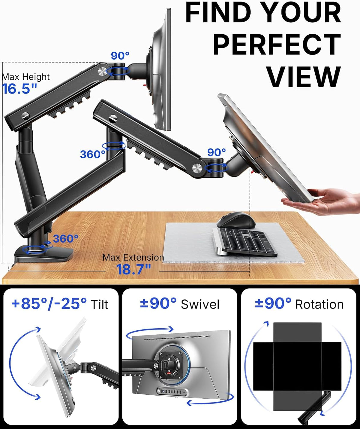 FlowLift Pro Dual Monitor Mount for 13–27" Screens, MechaSpring Monitor Stand, Adjustable Monitor Arms for 2 Monitors with Tilt/Swivel/Rotation, Tool-Free VESA Mount, Max Load 15.4 lbs